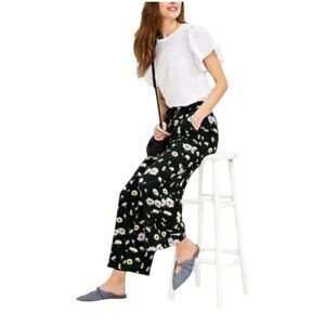 Ann Taylor LOFT Linen Blend Black Floral Wide Leg Crop Pants L Petite  NEW